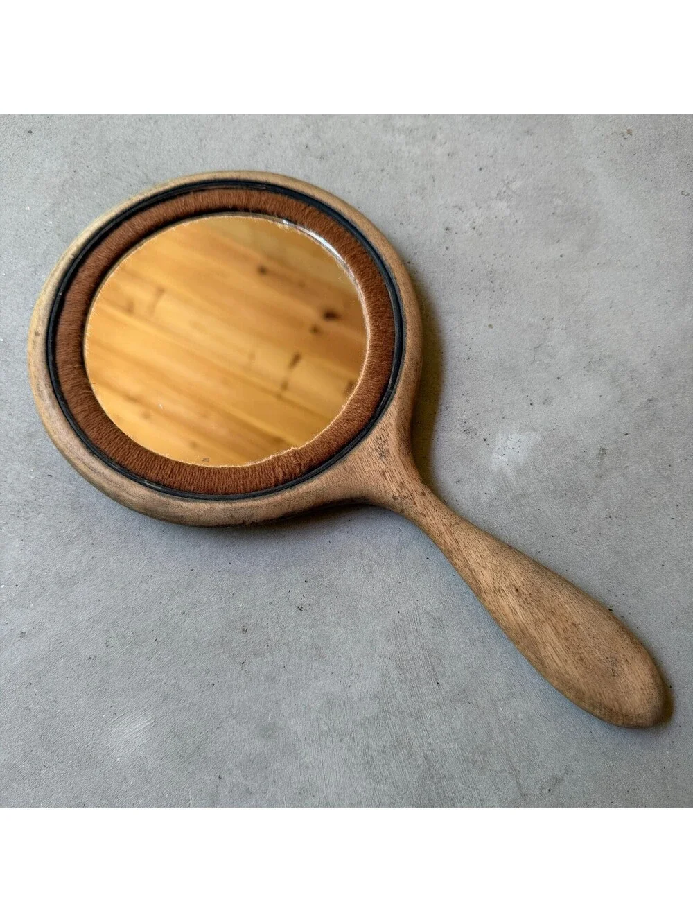 Vintage Wooden Hand Mirror with Brown Yarn Trim